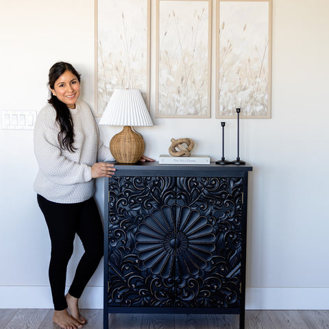 Black Accent Cabinet with Carved Floral Design