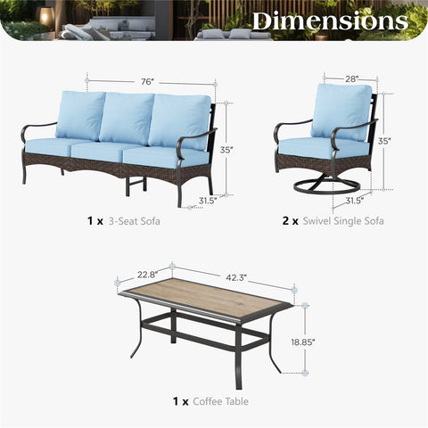 5-Seat Thick Cushion Steel-Rattan Patio Conversation Sofa Set with Coffee Table