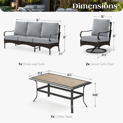 5-Seat Thick Cushion Steel-Rattan Patio Conversation Sofa Set with Coffee Table