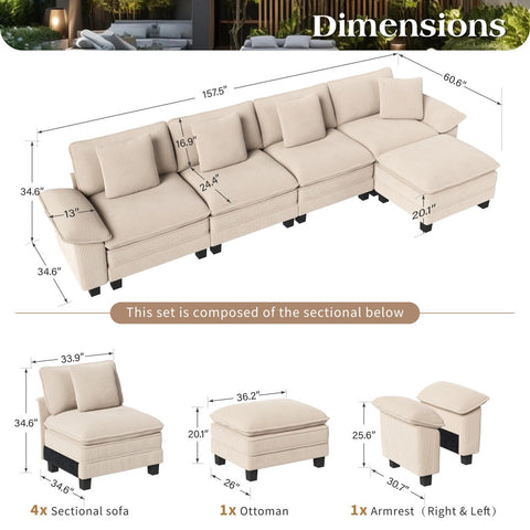 Corduroy Sectional Cloud Sofa with Removable Arms and Ottomans for Living Room