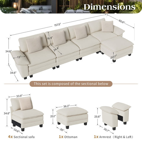 Modular Chenille Cloud Sofa with Ottoman for Living Room & Apartment