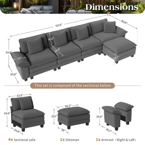 Corduroy Sectional Cloud Sofa with Removable Arms and Ottomans for Living Room