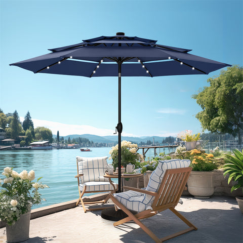 10ft 3 Tier Auto-tilt Patio Umbrella with Solar Powered LED Lights