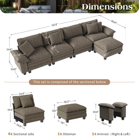 Modular Chenille Cloud Sofa with Ottoman for Living Room & Apartment