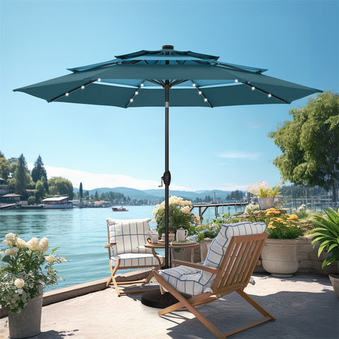 10ft 3 Tier Auto-tilt Patio Umbrella with Solar Powered LED Lights