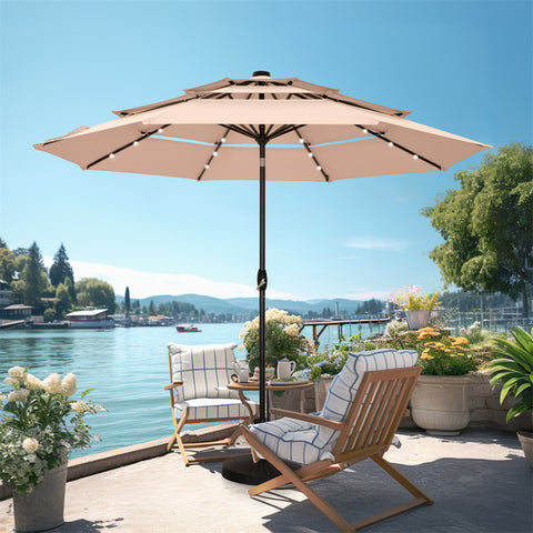 10ft 3 Tier Auto-tilt Patio Umbrella with Solar Powered LED Lights