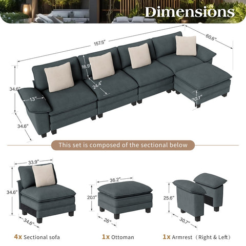 Modular Chenille Cloud Sofa with Ottoman for Living Room & Apartment