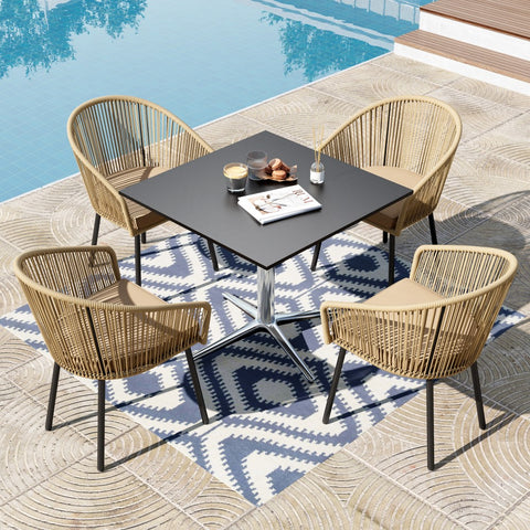 5-piece Outdoor Dining Set with Rope Rattan Chairs and Pedestal Table
