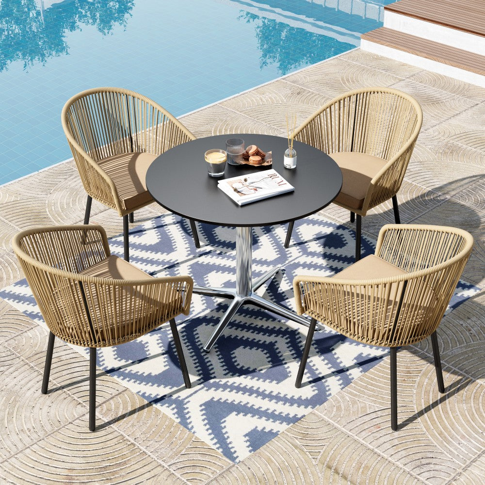 5-piece Outdoor Dining Set with Rope Rattan Chairs and Pedestal Table