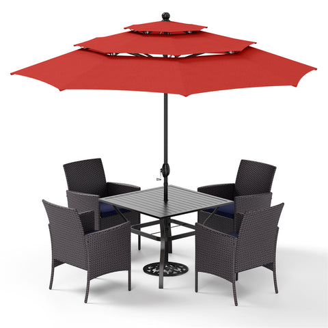 6-Piece Patio Dining Set with Umbrella Square Metal Dining Table & 4 Cushioned Rattan Chairs