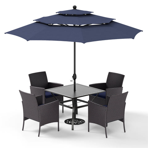 6-Piece Patio Dining Set with Umbrella Square Metal Dining Table & 4 Cushioned Rattan Chairs