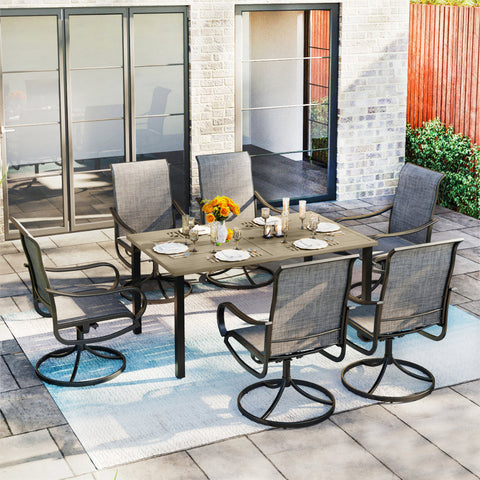7-Piece Patio Dining Set Farmhouse Style Wood Grain Patio Dining Table and Textilene Swivel Chairs