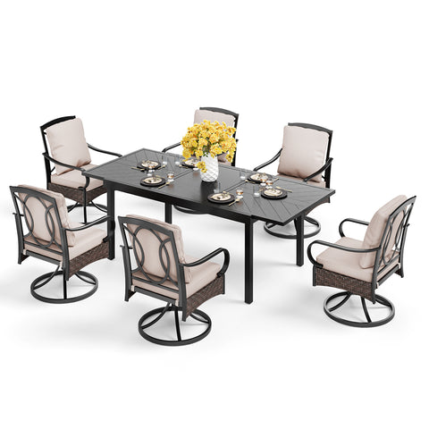 9/7-Piece Patio Dining Set Embossed Extendable Table & Rattan-steel Swivel Chairs with Thick Cushions