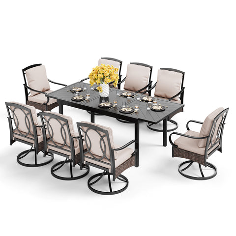 9/7-Piece Patio Dining Set Embossed Extendable Table & Rattan-steel Swivel Chairs with Thick Cushions