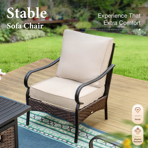 5-Seat Thick Cushion Steel-Rattan Patio Conversation Sofa Set with Coffee Table