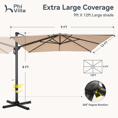 Extra Large Patio Cantilever Umbrella with 7 Tilt & 360° Rotation for Garden and Pool