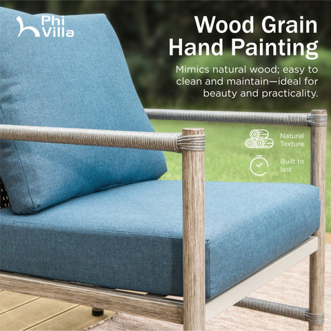 5/7-Seat Outdoor Steel and Rattan Sofa with Wood Grain Coffee Table