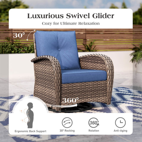 5 Seats Wicker Outdoor Conversation Sofa Set with Swivel Glider & 2 Ottomans