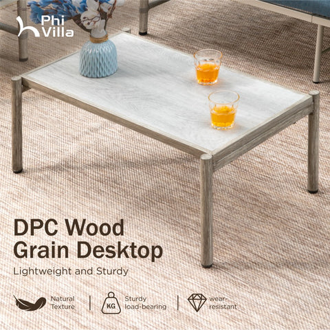 5/7-Seat Outdoor Steel and Rattan Sofa with Wood Grain Coffee Table