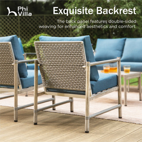 5/7-Seat Outdoor Steel and Rattan Sofa with Wood Grain Coffee Table