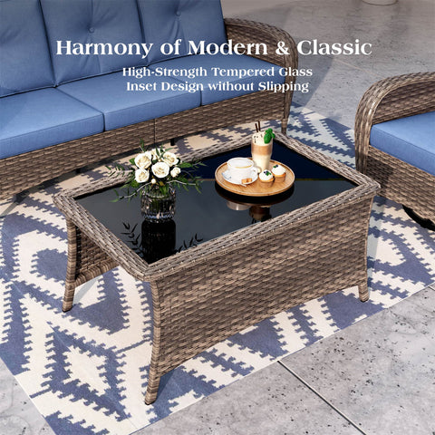 5 Seats Wicker Outdoor Conversation Sofa Set with Swivel Glider & 2 Ottomans