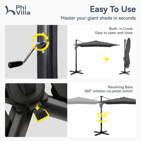Extra Large Patio Cantilever Umbrella with 7 Tilt & 360° Rotation for Garden and Pool