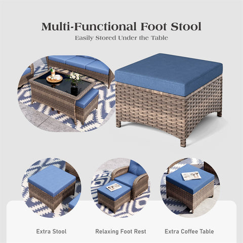 5 Seats Wicker Outdoor Conversation Sofa Set with Swivel Glider & 2 Ottomans