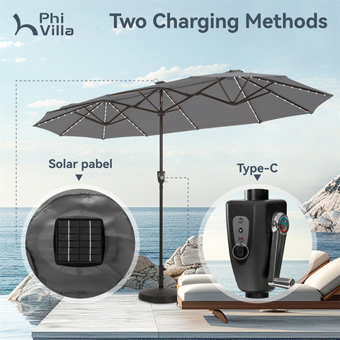 13ft Large Double-Sided Patio Umbrella with Solar Powered LED Lights