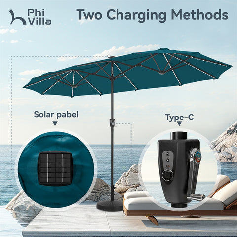 13ft Large Double-Sided Patio Umbrella with Solar Powered LED Lights