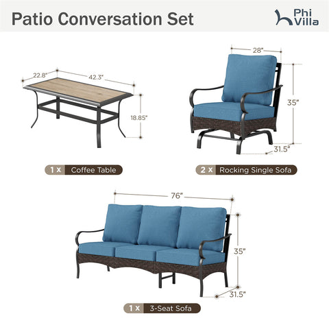 5-Seat Thick Cushion Steel-Rattan Patio Conversation Sofa Set with Coffee Table