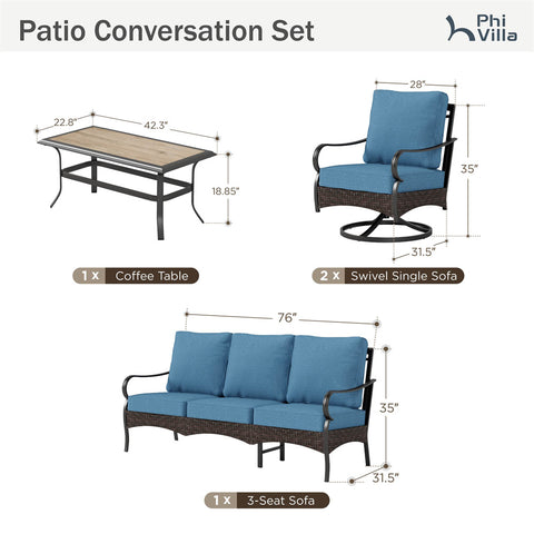 5-Seat Thick Cushion Steel-Rattan Patio Conversation Sofa Set with Coffee Table