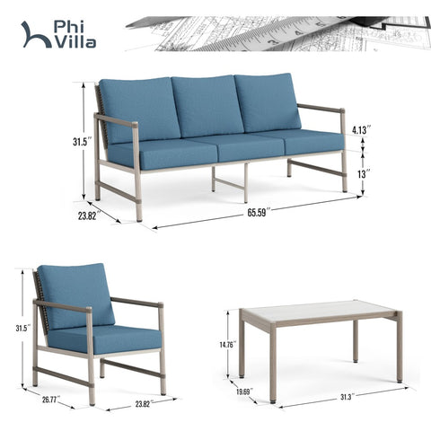 5/7-Seat Outdoor Steel and Rattan Sofa with Wood Grain Coffee Table
