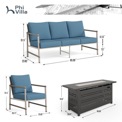 5-Seat Patio Sofa With Double-Strand Wicker Backrest and 56'' Gas Fire Pit Table