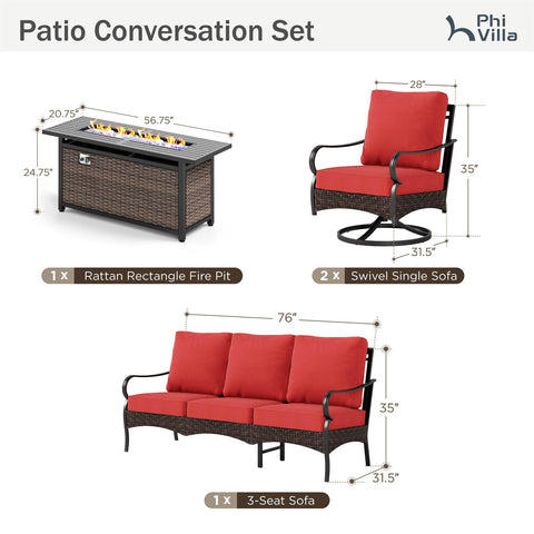 5-Seater Rattan-steel Luxurious Outdoor Sofa Set with 56" Fire Pit Table