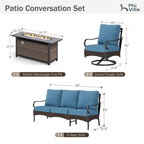 5-Seater Rattan-steel Luxurious Outdoor Sofa Set with 56" Fire Pit Table