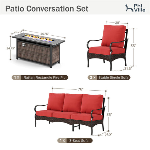 5-Seater Rattan-steel Luxurious Outdoor Sofa Set with 56" Fire Pit Table