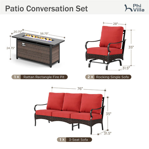 5-Seater Rattan-steel Luxurious Outdoor Sofa Set with 56" Fire Pit Table