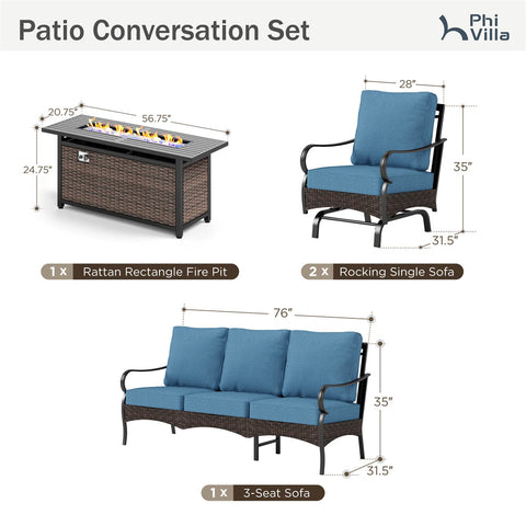 5-Seater Rattan-steel Luxurious Outdoor Sofa Set with 56" Fire Pit Table