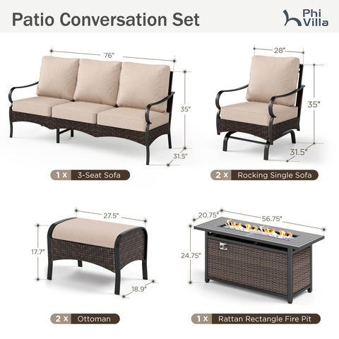 7-Seater Rattan-steel Luxurious Outdoor Sofa Set with 56" Fire Pit Table