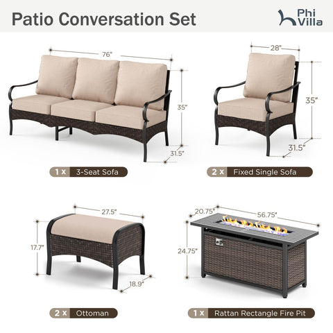 7-Seater Rattan-steel Luxurious Outdoor Sofa Set with 56" Fire Pit Table