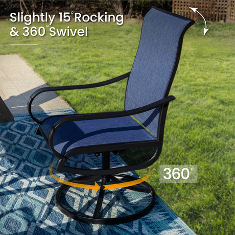 8-Piece 13ft Umbrella Patio Dining Set with Denim Blue / Grey Textilene Swivel Chair