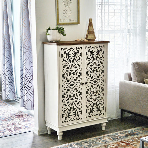 Tall Accent Storage Cabinet with Decorative Carved Design