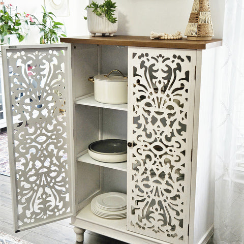Tall Accent Storage Cabinet with Decorative Carved Design