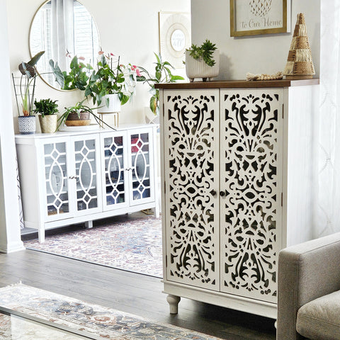 Tall Accent Storage Cabinet with Decorative Carved Design