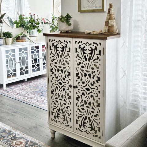 Tall Accent Storage Cabinet with Decorative Carved Design