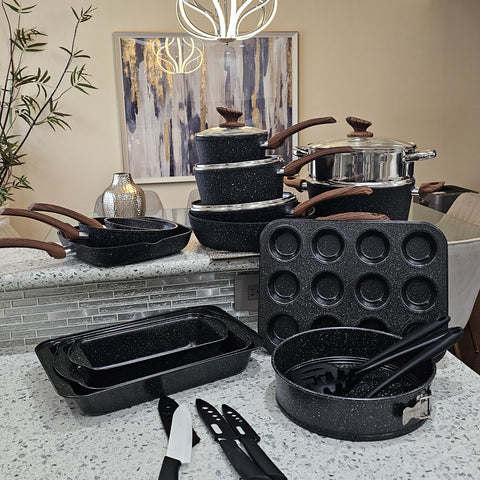 Kitchen Academy Ultimate 30 Pieces Granite-Coating Nonstick Induction Cookware Set for Easy Dinner Ideas