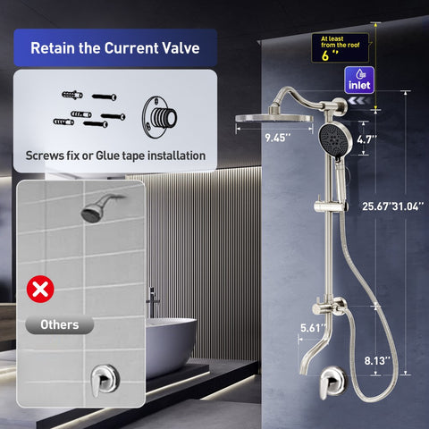 Brushed Nickel Multi-Function Rain Shower Head with Handheld Spray and Adjustable Height