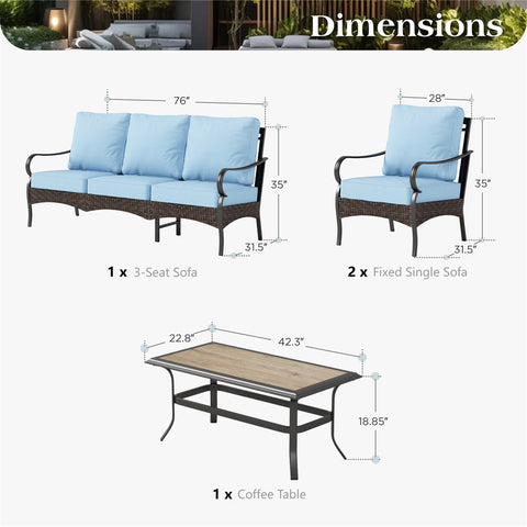 5-Seat Thick Cushion Steel-Rattan Patio Conversation Sofa Set with Coffee Table