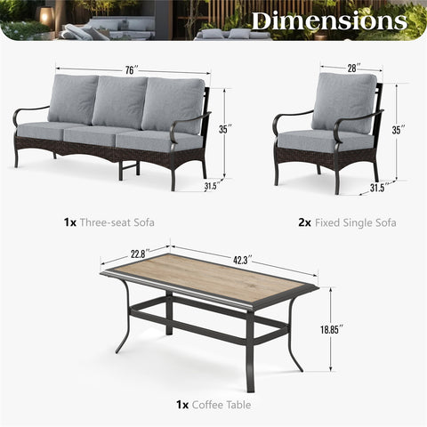 5-Seat Thick Cushion Steel-Rattan Patio Conversation Sofa Set with Coffee Table