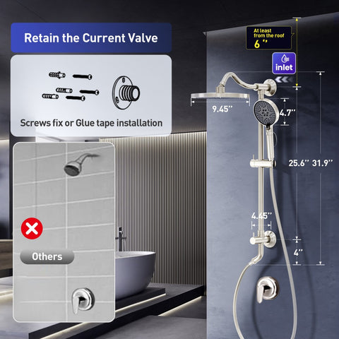 Brushed Nickel Multi-Function Rain Shower Head with Handheld Spray and Adjustable Height